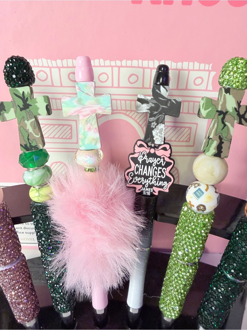 Sparkle Cross Pen Set with Pink Fur Accent - Picture 2 of 4